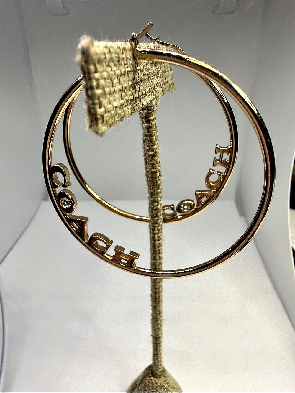 Coach Logo Script Pierce Hoop Earrings Gold-Tone & Clear Rhinestone - Picture 4 of 12